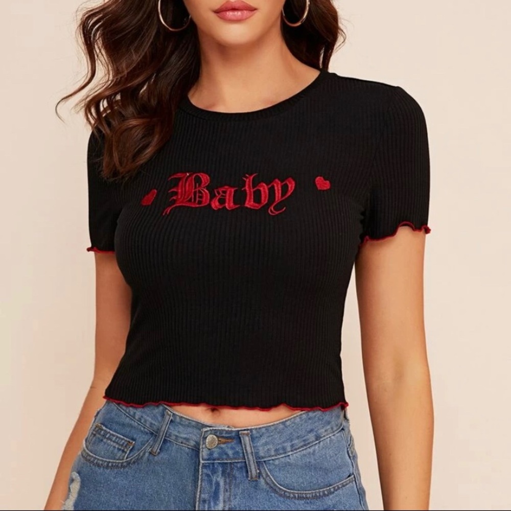 SHEIN Embroidery Detail Lettuce Trim Rib-knit Tee